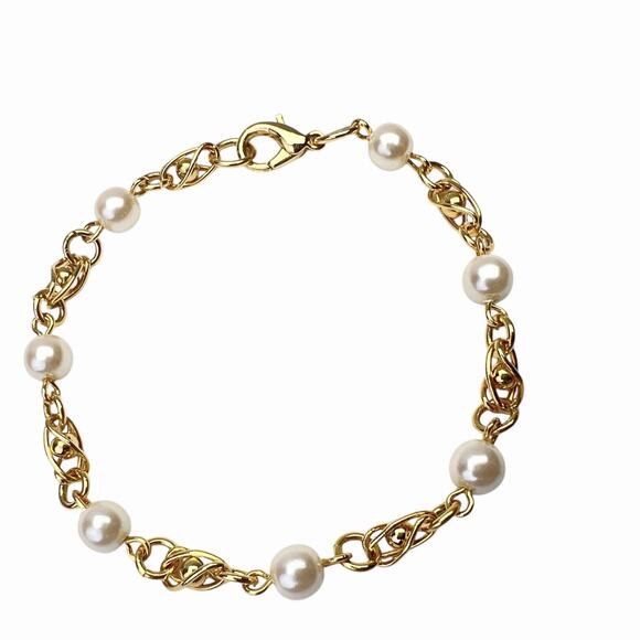 Fashion Bracelet Faux Pearl Station Chain Link Gold Tone Caged Ball Beads 7.5 In - Picture 1 of 6